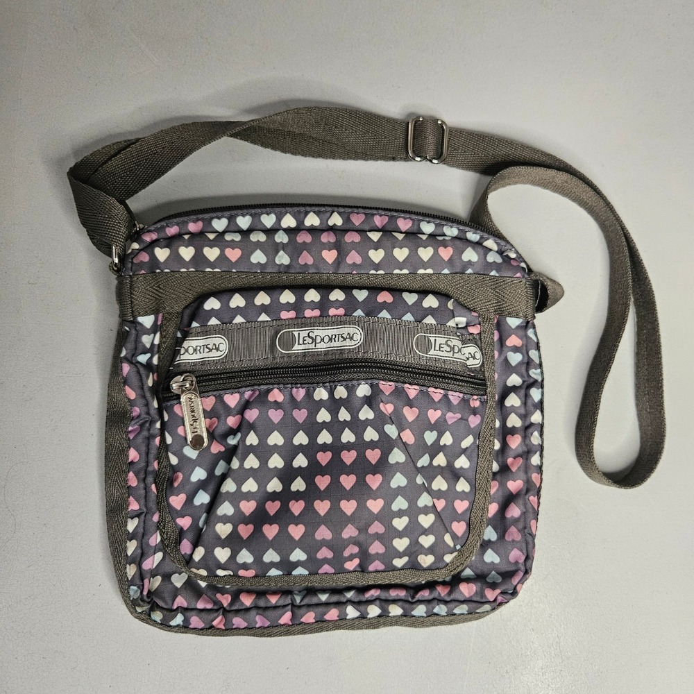 LeSportsac Grey Heart Print Crossbody Bag Nylon Adjustable Strap Multi-Pocket
